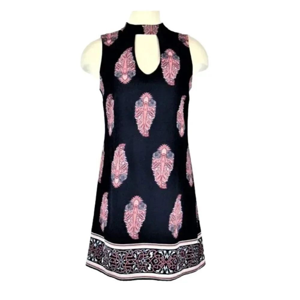 Sleeveless Dress High Neck Above the Knee Blue & Pink Paisley Women's Small